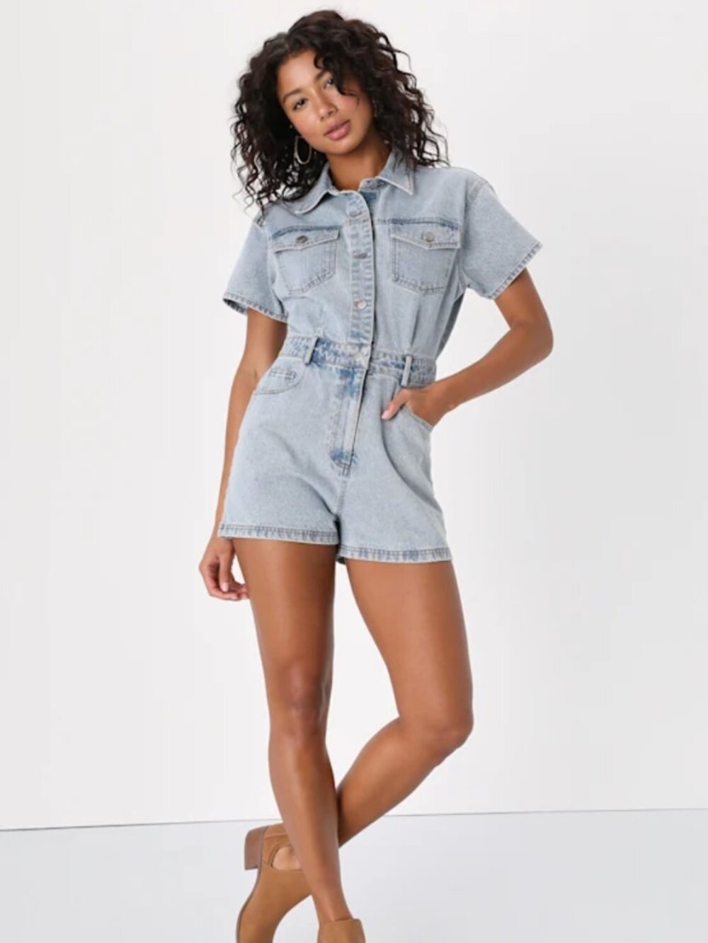 NWT Lulus Light Wash Denim Romper | Short Sleeve Button-Front | Size Small